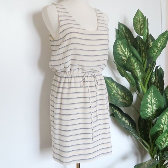 Joie White Navy Striped Silk Sleeveless Mini Dress Drawstring Waist Size XS - Picture 3 of 12